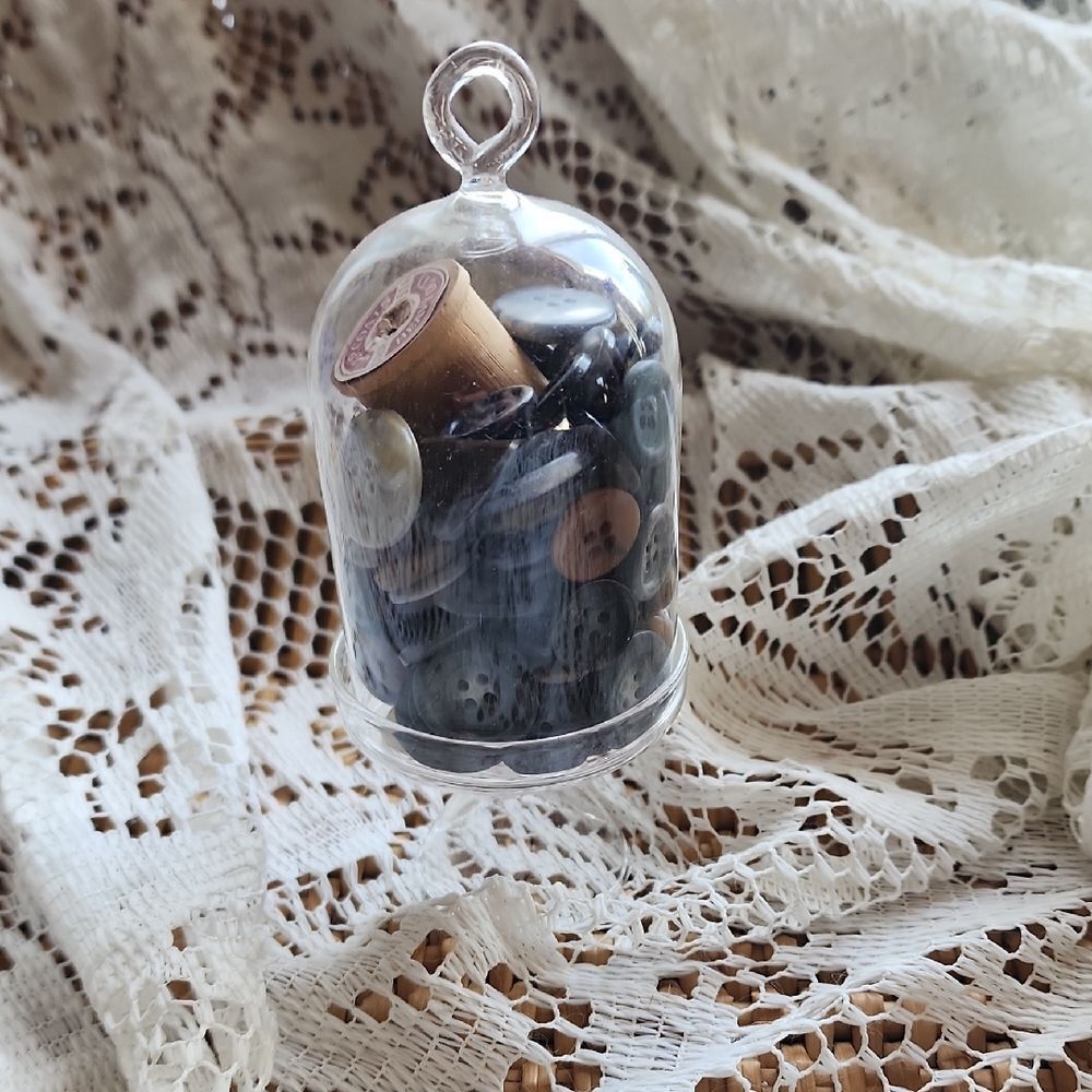 Small Glass Cloche Vintage Buttons/wooden Thread Spool Kitschy Collectable